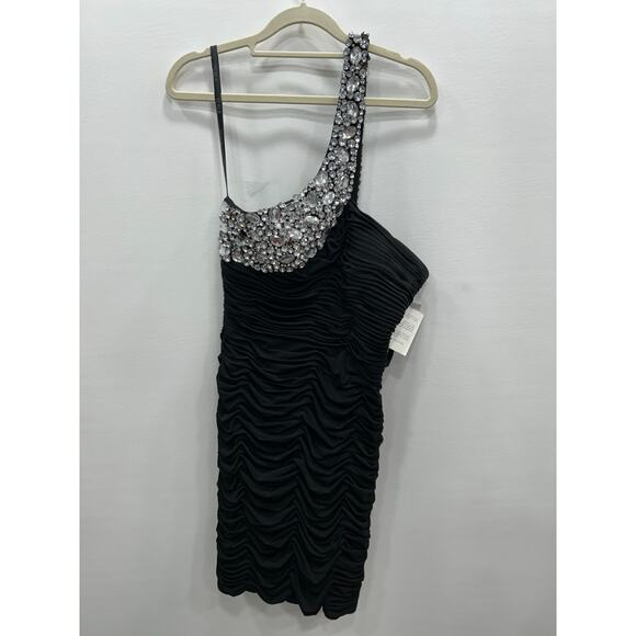 Scala Black Crystal Embellishments One-Shoulder Ruched Cocktail Dress Sz 8 FLAWS - Picture 2 of 16